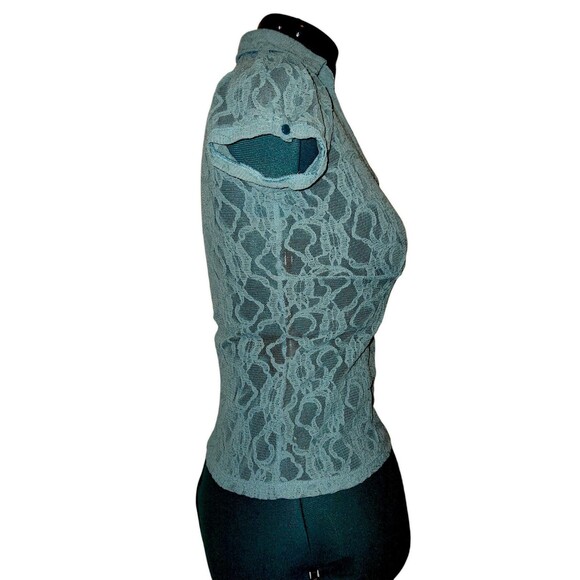 Apt 9 Womens Top ASO Rachel Green M Teal Floral Lace Short Sleeve V Neck Sheer - Picture 4 of 6